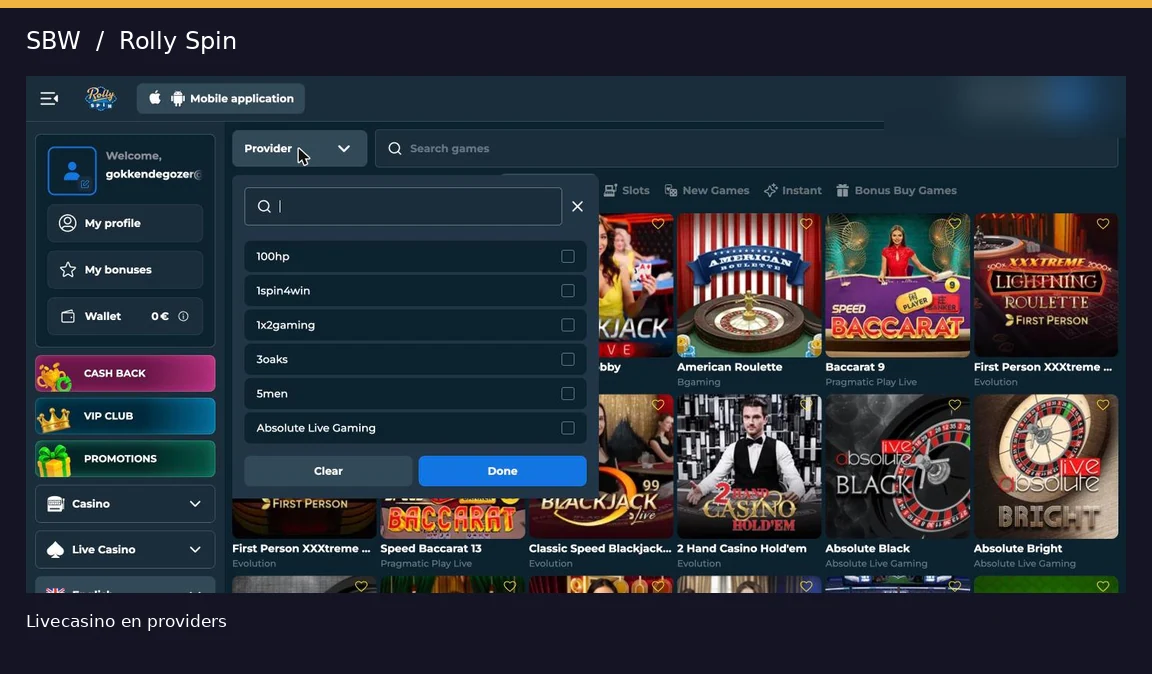 Live casino van Rolly Spin met roulette, blackjack en aanbieders
