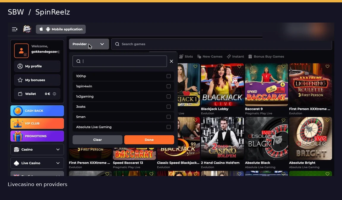 SpinReelz live casino met roulette, blackjack en liveproviders