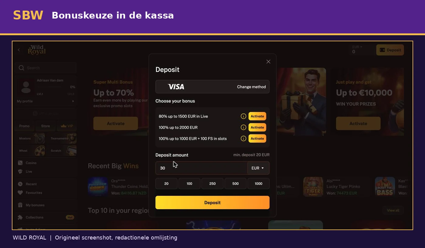 Wild Royal kassa met keuze uit slotbonus, livebonus en highrollerbonus