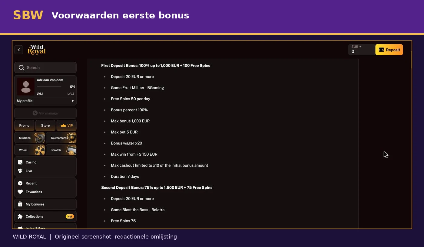 Wild Royal bonusvoorwaarden met 20x wagering, zeven dagen geldigheid en 10x maximale uitbetaling