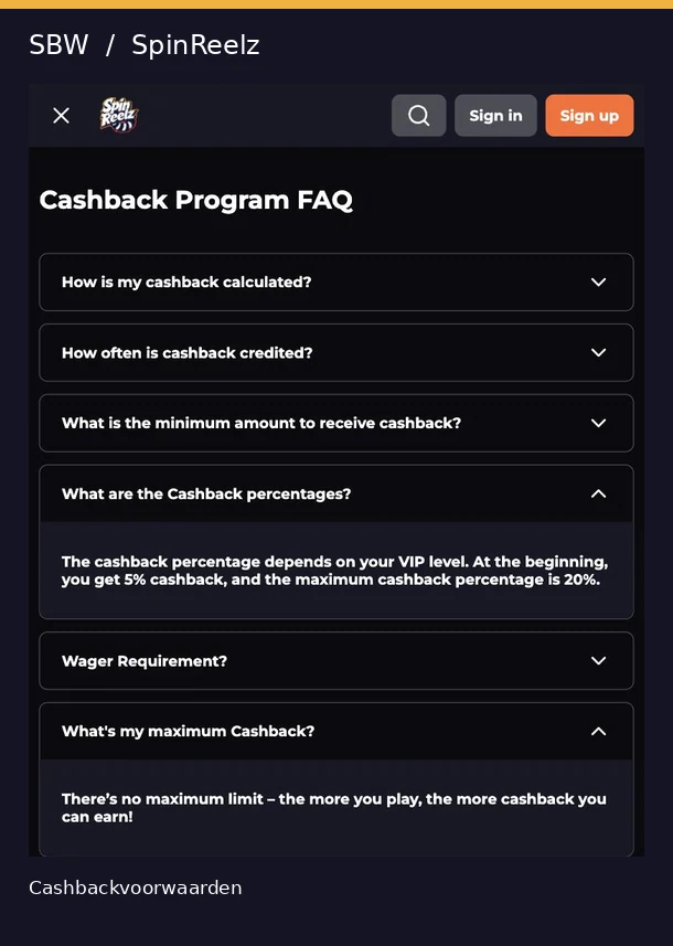 SpinReelz VIP Club met cashbackpercentages en voorwaarden