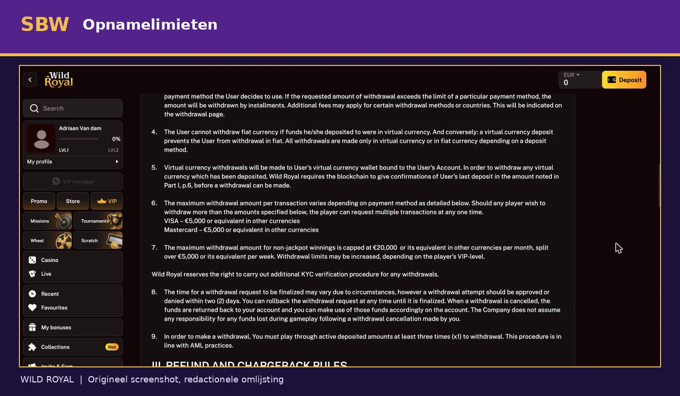 Wild Royal betalingsbeleid met opnamegrenzen voor Visa en Mastercard