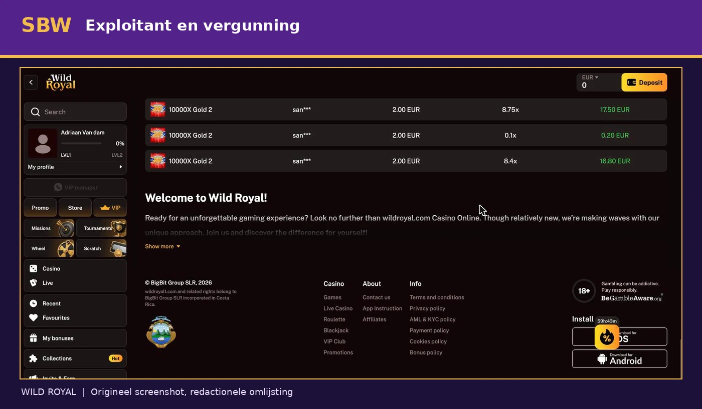 Wild Royal voettekst met BigBit Group SLR en verwijzing naar Costa Rica