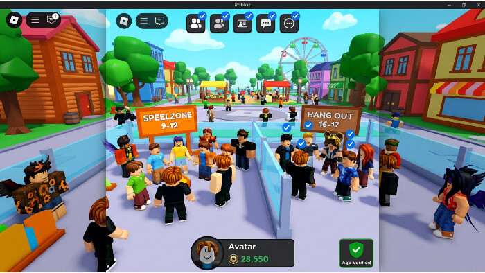 Roblox featured thumbnail over leeftijdszones en ID-checks die sociale interacties en accountscheiding verbeelden