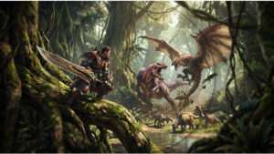 Uitgelichte thumbnail voor Monster Hunter: World over gedragsgestuurde monster-AI met een jager tegenover een groot monster
