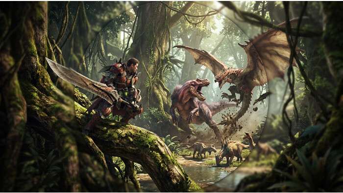 Uitgelichte thumbnail voor Monster Hunter: World over gedragsgestuurde monster-AI met een jager tegenover een groot monster