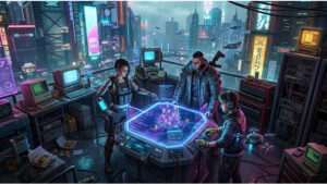 Cyberpunk 2077 thumbnail over Cyberpunk 2 multiplayer, met neon Night City sfeer en co-op quest hint