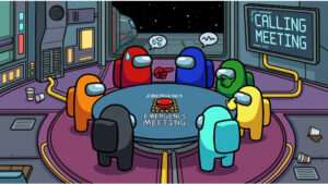 Among Us featured thumbnail over een Italiaanse lobby die meetings in het echt naspeelt