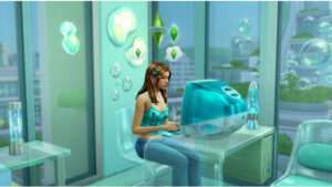 The Sims 4 featured thumbnail met Frutiger Aero stijl en Sims personage op glanzende blauwgroene achtergrond