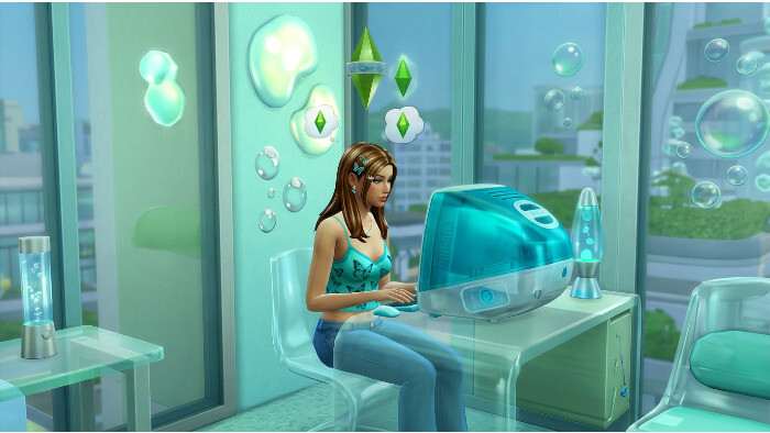 The Sims 4 featured thumbnail met Frutiger Aero stijl en Sims personage op glanzende blauwgroene achtergrond