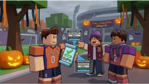 Roblox Blue Lock featured thumbnail met Halloween-codes en gratis rolls in een donkere, feestelijke stijl