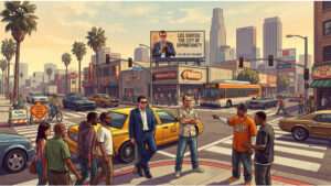 Uitgelichte thumbnail over GTA 6-video met open wereld en NPC's, gekoppeld aan Grand Theft Auto V