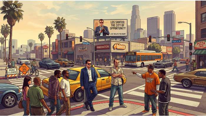 Uitgelichte thumbnail over GTA 6-video met open wereld en NPC's, gekoppeld aan Grand Theft Auto V