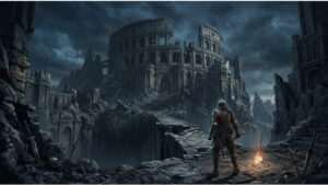 Dark Souls III thumbnail met een donkere arena-achtige setting, passend bij een geschrapt colosseum en leveldesign-keuzes