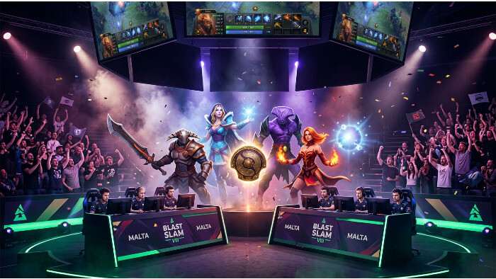 Dota 2 featured thumbnail met BLAST Slam VIII tekst en toernooi-aankondiging voor Malta