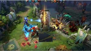 Dota 2 uitgelichte thumbnail met het Dota 2 logo en thema economie, tempo en farmen met druk zetten