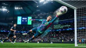 Vierkante thumbnail voor EA Sports FC 25 artikel over keeper-AI, met focus op reflexreddingen en open doelkansen