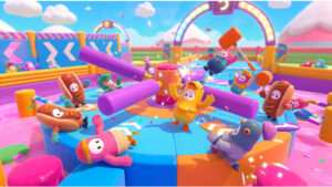 Fall Guys featured thumbnail over netcode, met een bean die struikelt na een vreemde botsing