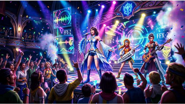Featured thumbnail voor Final Fantasy X-2 met kleurrijke game-art die de vrolijke sequeltoon benadrukt