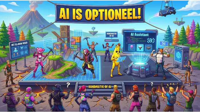 Fortnite nieuwsthumbnail over Epic dat de AI-verplichting voor MegaJam terugdraait na backlash
