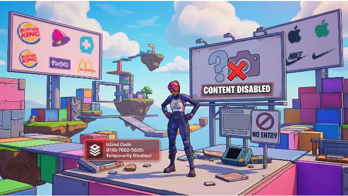 Vierkante Fortnite thumbnail met tekst over logo-quiz map die na 48 uur offline gaat door copyright