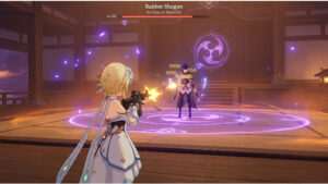 Genshin Impact featured thumbnail met personage dat richt met een geweer in een shooter-modus