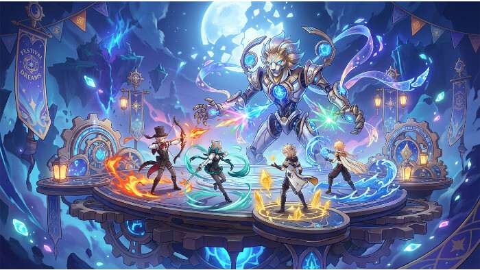 Genshin Impact featured thumbnail voor update 4.3 met de titels Epilogue of the Abyss en Moonlit Mirage