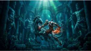 Featured thumbnail voor God of War III met Kratos in Poseidons waterige rijk en focus op de score