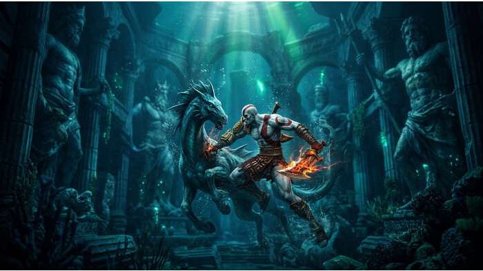 Featured thumbnail voor God of War III met Kratos in Poseidons waterige rijk en focus op de score