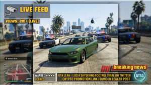 Grand Theft Auto V uitgelichte thumbnail over een leaker die een Lucia-clip gebruikt om crypto te promoten