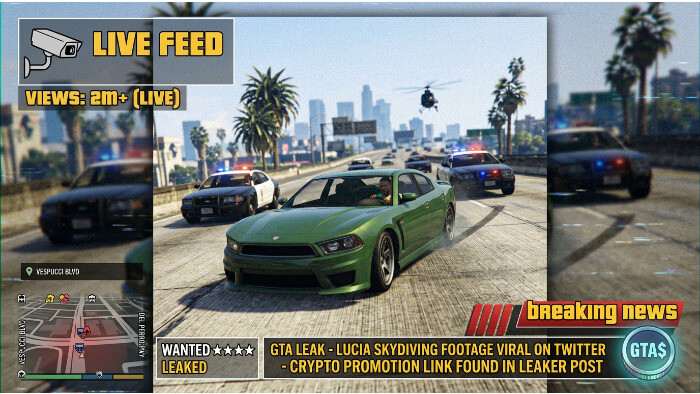 Grand Theft Auto V uitgelichte thumbnail over een leaker die een Lucia-clip gebruikt om crypto te promoten