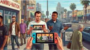 Uitgelichte thumbnail over Grand Theft Auto V met Nintendo Switch-thema rond geruchten over GTA 6