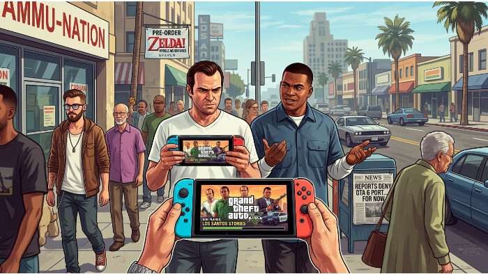 Uitgelichte thumbnail over Grand Theft Auto V met Nintendo Switch-thema rond geruchten over GTA 6