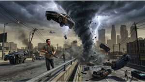 Grand Theft Auto V uitgelichte thumbnail met een tornado-mod die door Los Santos raast