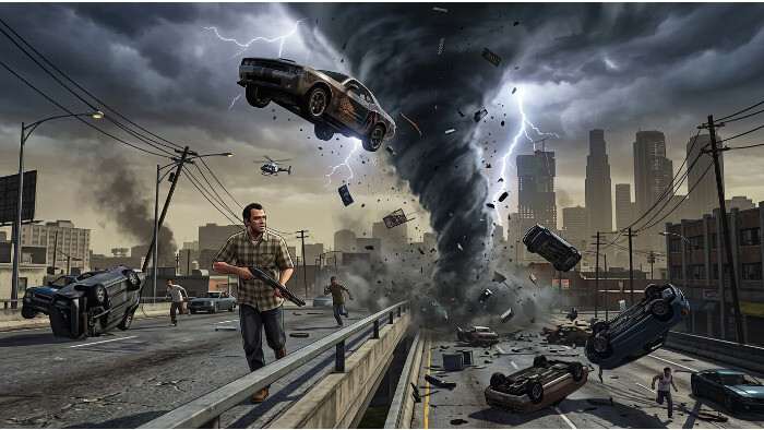 Grand Theft Auto V uitgelichte thumbnail met een tornado-mod die door Los Santos raast
