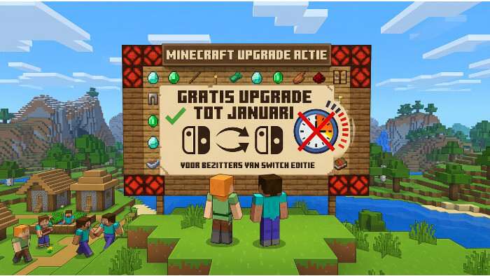 Minecraft featured thumbnail over Nintendo Switch 2 met info over gratis upgrade tot januari