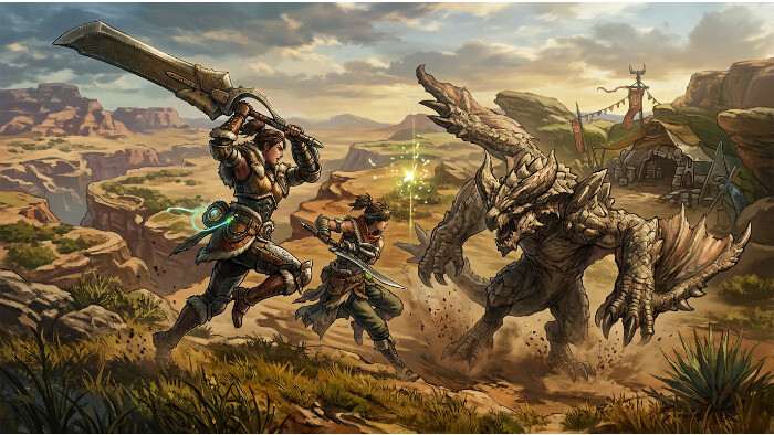 Uitgelichte thumbnail voor Monster Hunter Wilds over Monster Hunter Outlanders, met jager en monster in actie