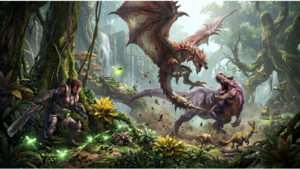 Featured thumbnail voor Monster Hunter: World met een dreigend monster in een weelderige jungleomgeving