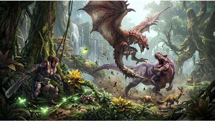 Featured thumbnail voor Monster Hunter: World met een dreigend monster in een weelderige jungleomgeving