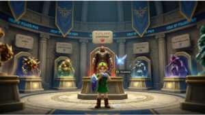 Uitgelichte thumbnail voor The Legend of Zelda: Ocarina of Time over de Hall of Fallen Foes in de remake op Switch 2