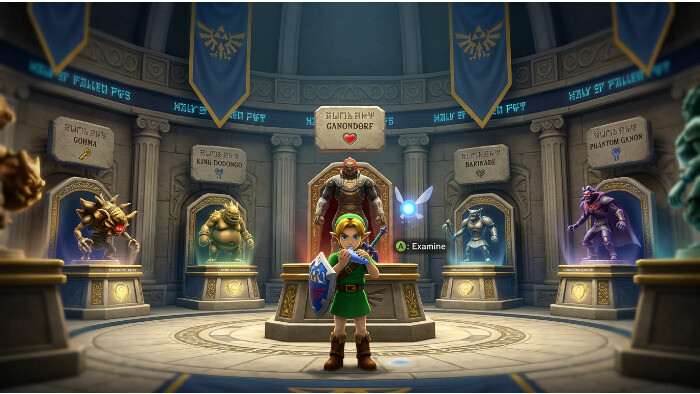 Uitgelichte thumbnail voor The Legend of Zelda: Ocarina of Time over de Hall of Fallen Foes in de remake op Switch 2