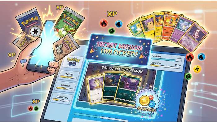 Vierkante thumbnail over Pokemon Trading Card Game Pocket met focus op secret missions en kaartverzamelen