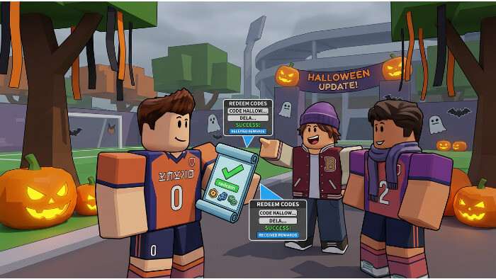 Roblox Blue Lock featured thumbnail met Halloween-codes en gratis rolls in een donkere, feestelijke stijl