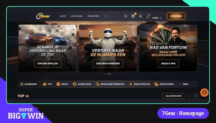 7Gear homepage met racethema en navigatie