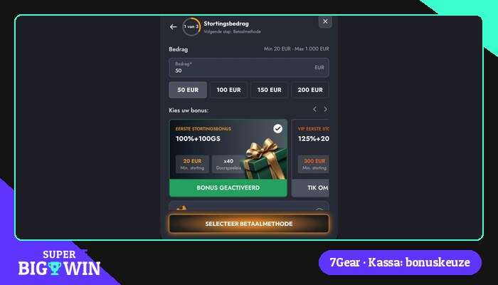 7Gear kassa met eerste stortingsbonus en 40x inzetvereiste