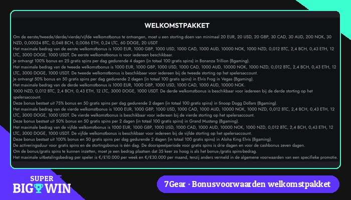 Welkomstvoorwaarden van 7Gear met 35x inzetvereiste