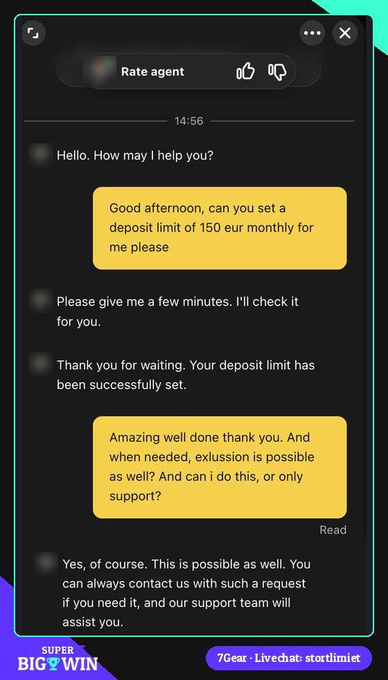 7Gear livechat waarin stortlimiet van 150 euro per maand wordt bevestigd