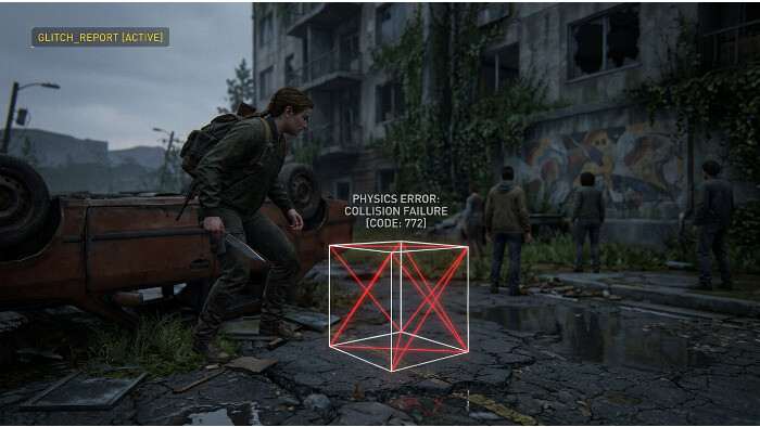 Featured thumbnail voor The Last of Us Part II met Ellie en glitch-thema rond een virale bug