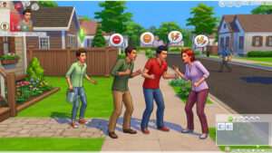 The Sims 4 uitgelichte thumbnail met twee Sims die ruzie maken in een buurtomgeving