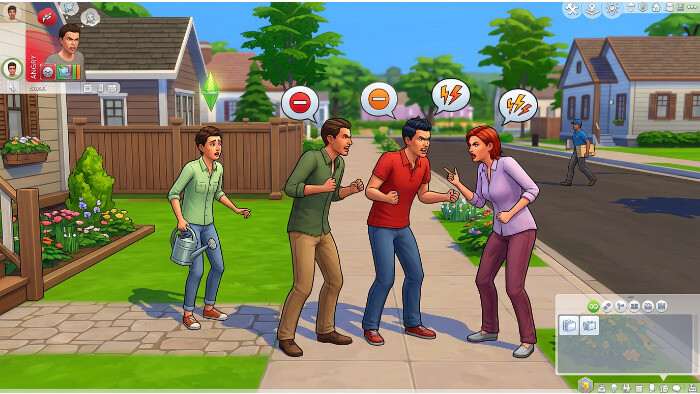 The Sims 4 uitgelichte thumbnail met twee Sims die ruzie maken in een buurtomgeving